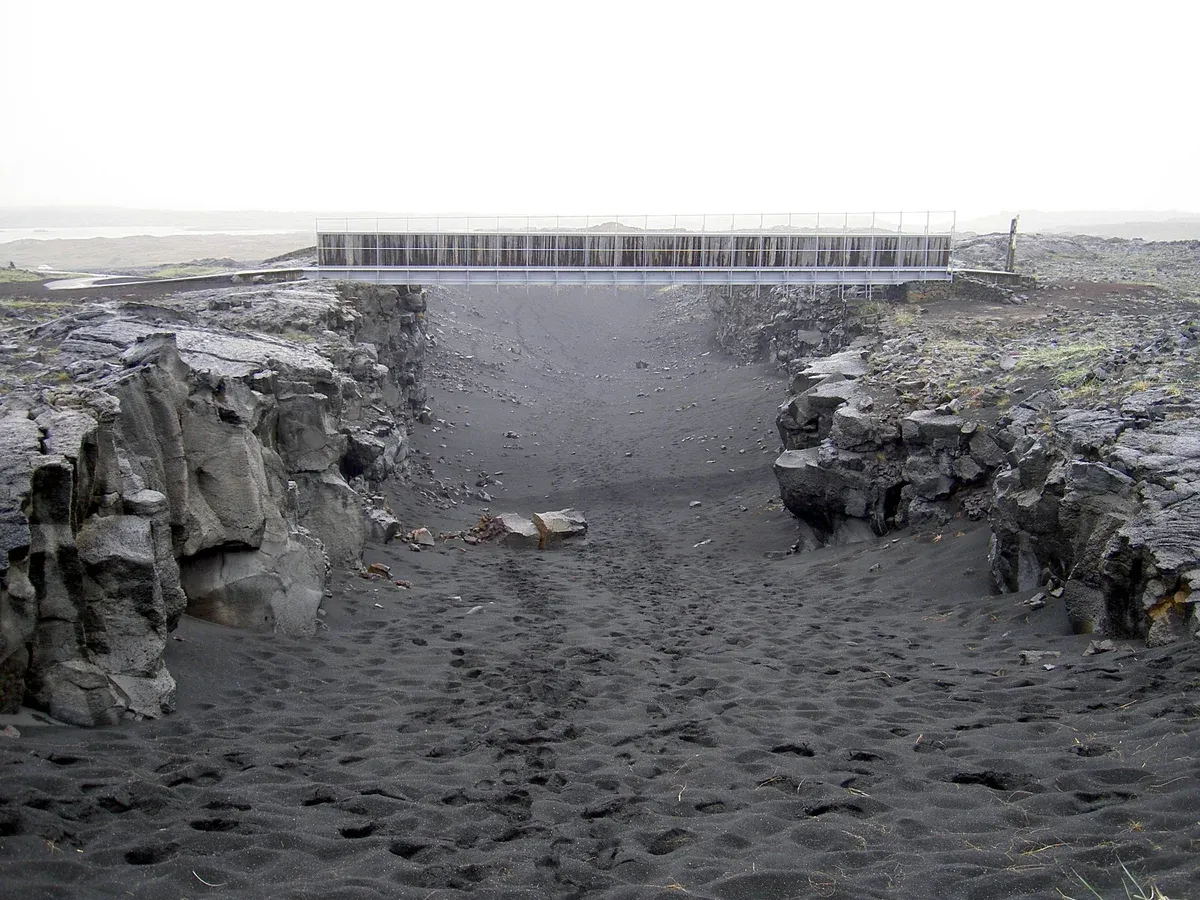 The footbridge over the tectonic rift at the Bridge Between Continents, near Fagradalsfjall volcano tours, Reykjanes